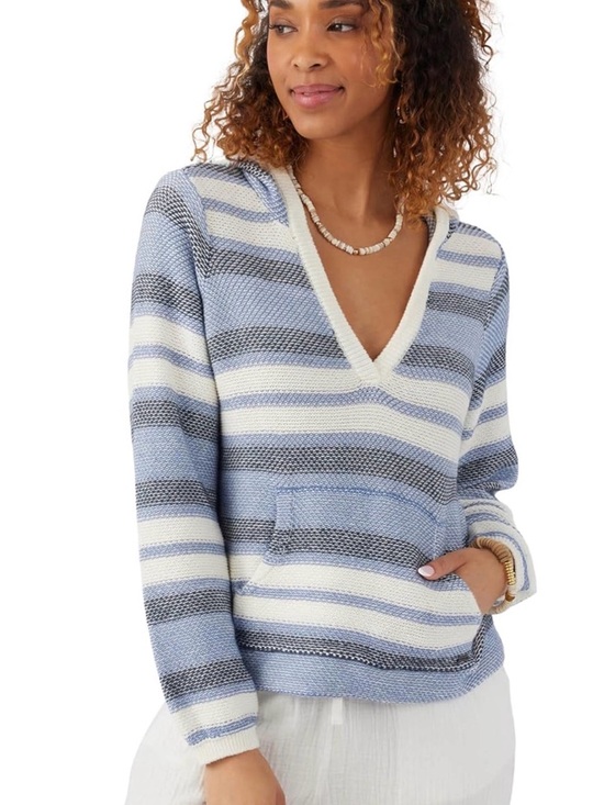 O'Neill Sweaters - O'Neill Striped V-Neck Beach Hoodie Sweater in Light Blue, White, and Gray